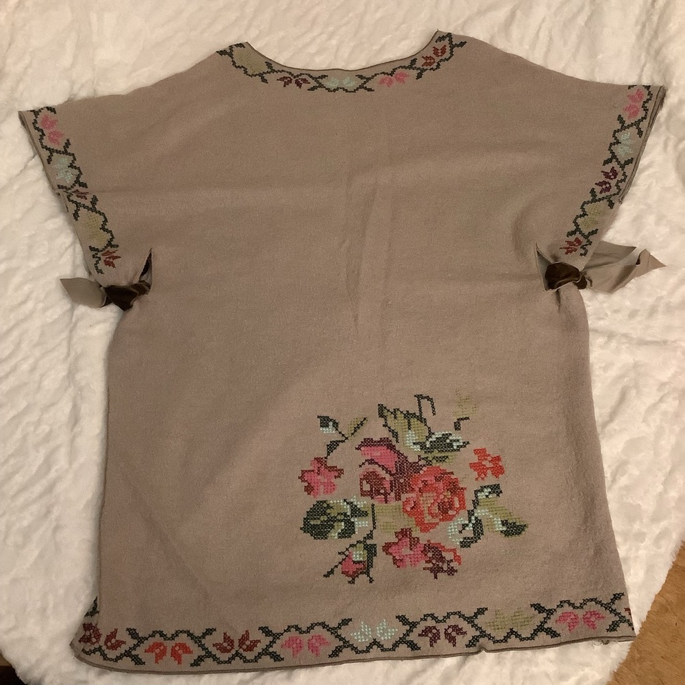 Hazel Floral Embroidered Wool Tunic Vest - Pink, Tan and Green - Picture 4 of 6